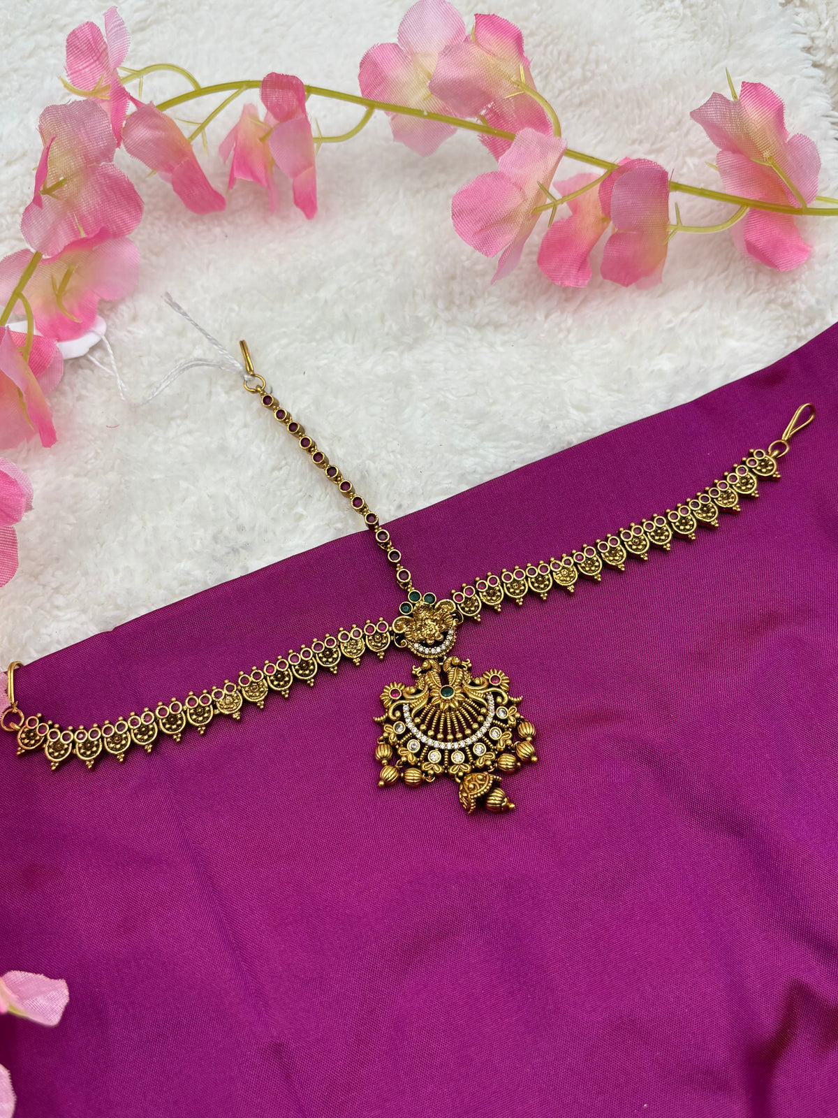 Matte Gold Finish 3‑Layer Tikka with Elegant White Stone Highlights