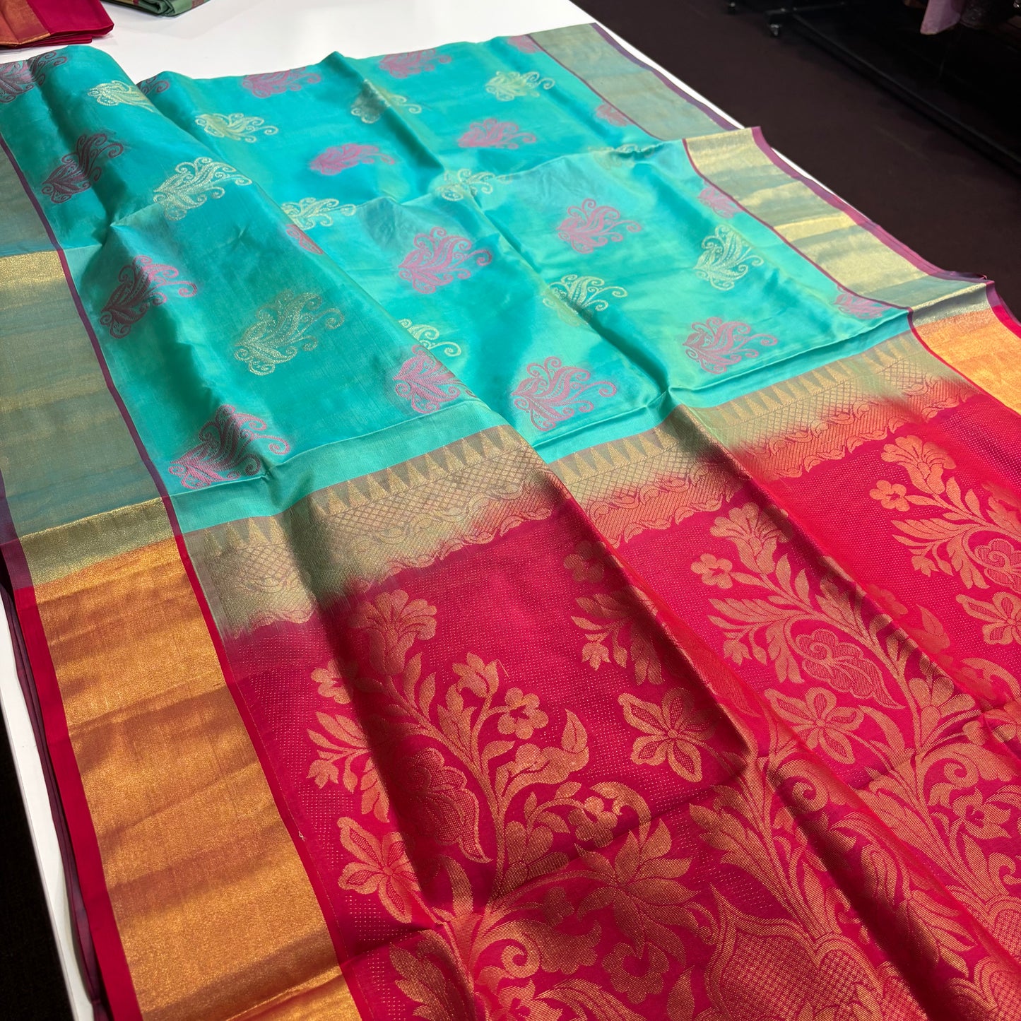 Pure Kanchipuram Silk Saree – Cyan Grace with Rani Pink Radiance