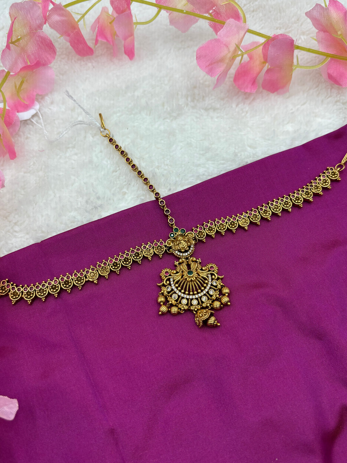 Matte Gold Finish 3‑Layer Tikka with Elegant White Stone Highlights