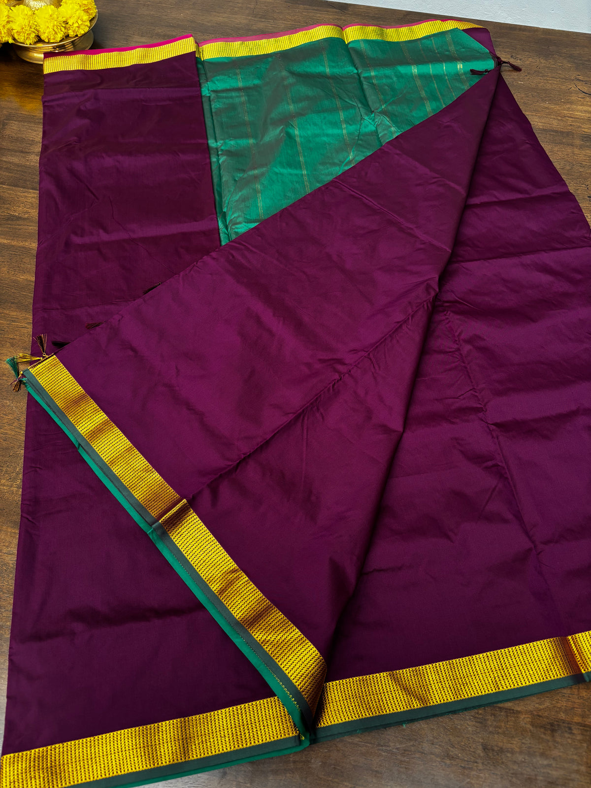 Traditional Wine Semi Silk Saree with Green Pallu and Ganga Jamuna Border