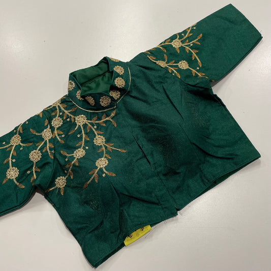 Bottle Green Collar Neck Ready-Made Blouse with Gold Embroidery – Elegant Fusion for Sarees & Festive Wear