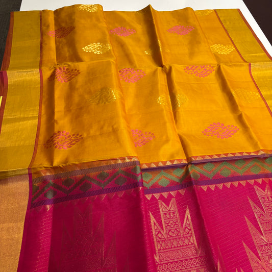 Sunshine & Silk: Yellow Kanchipuram Silk Saree with Rani Pink Pallu
