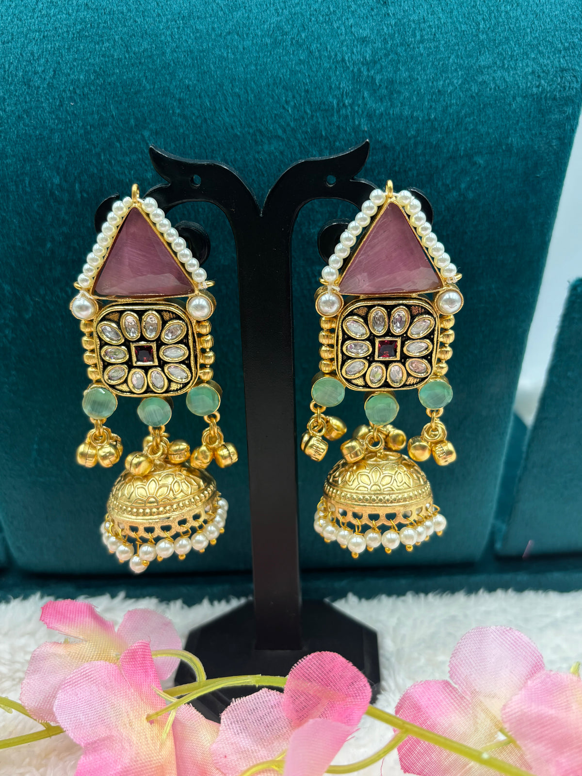 Statement Gold Earrings with Pink Triangular Stone & Kundan Work