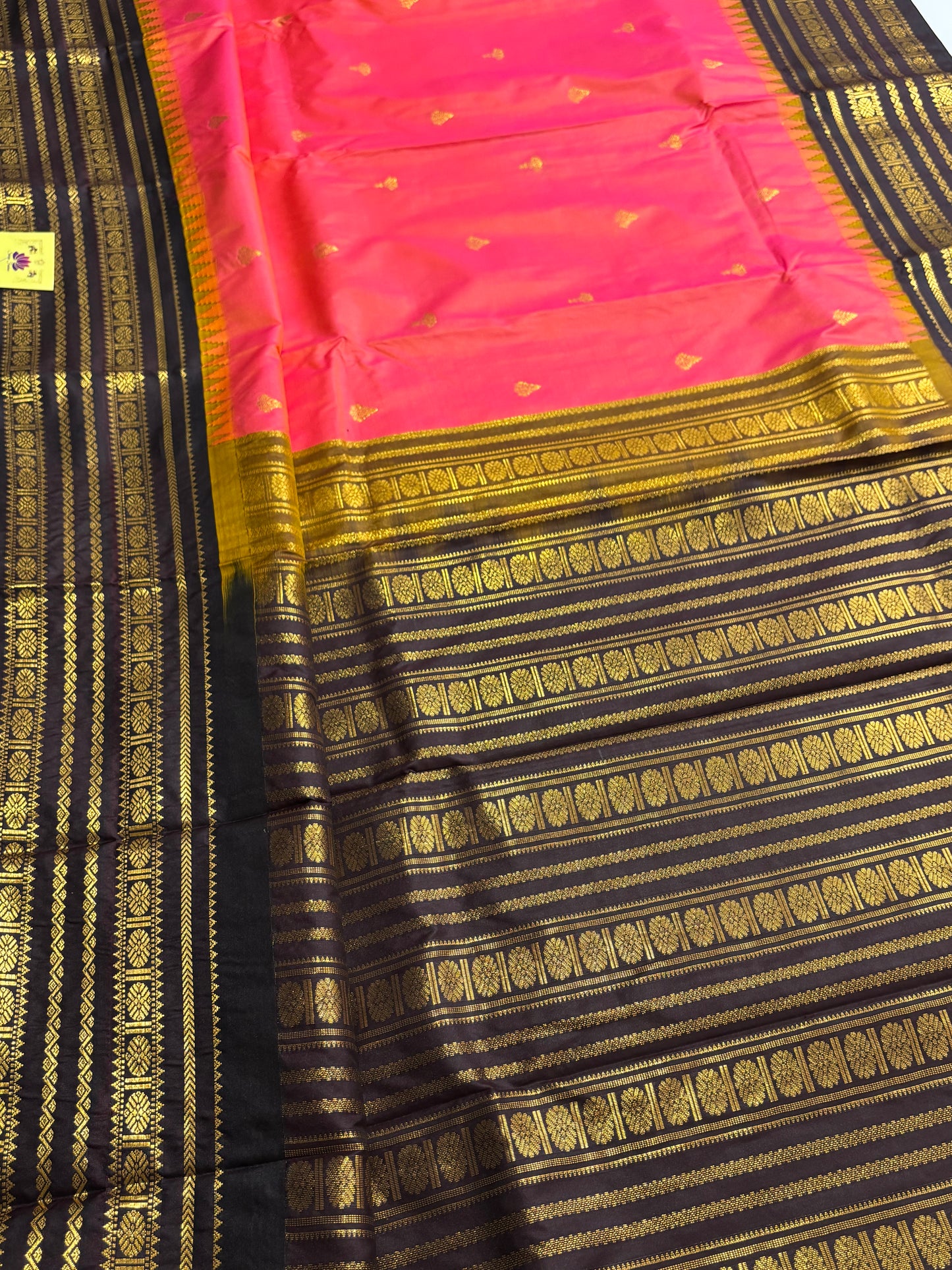 Peach & Brown Kanchipuram Semi Silk Saree with Contrast Border & Pallu