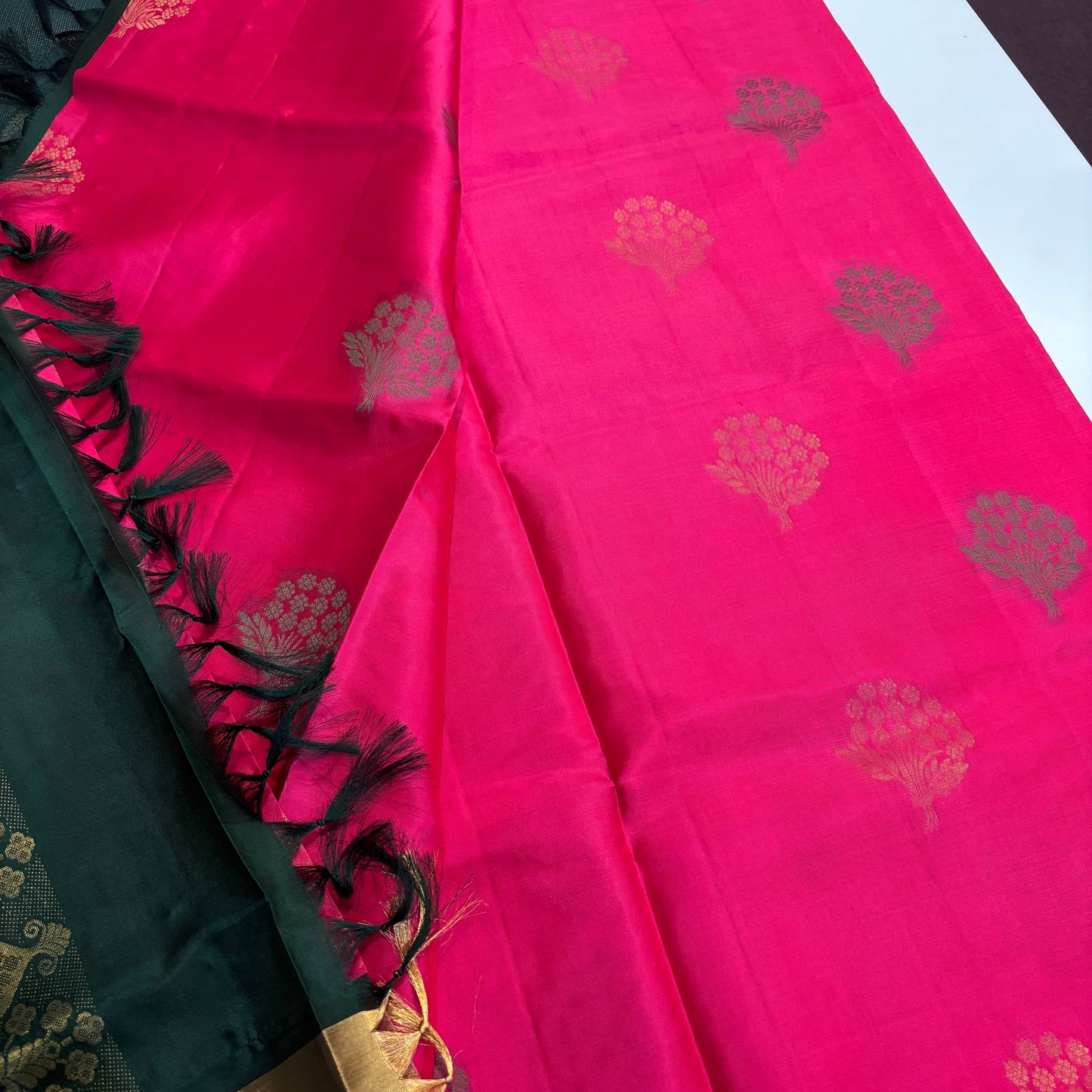 Handwoven Kanchipuram Silk Saree in Rani Pink and Bottle Green with Gold Zari Work