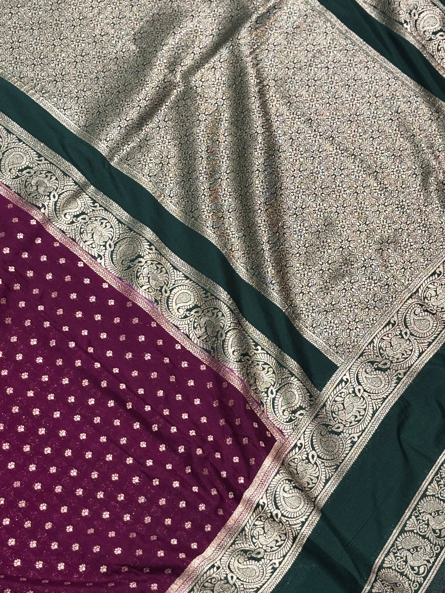 Gracefully Crafted Wine Banarasi Soft Silk Saree with Green Zari Border, Pallu, Tassels & Blouse