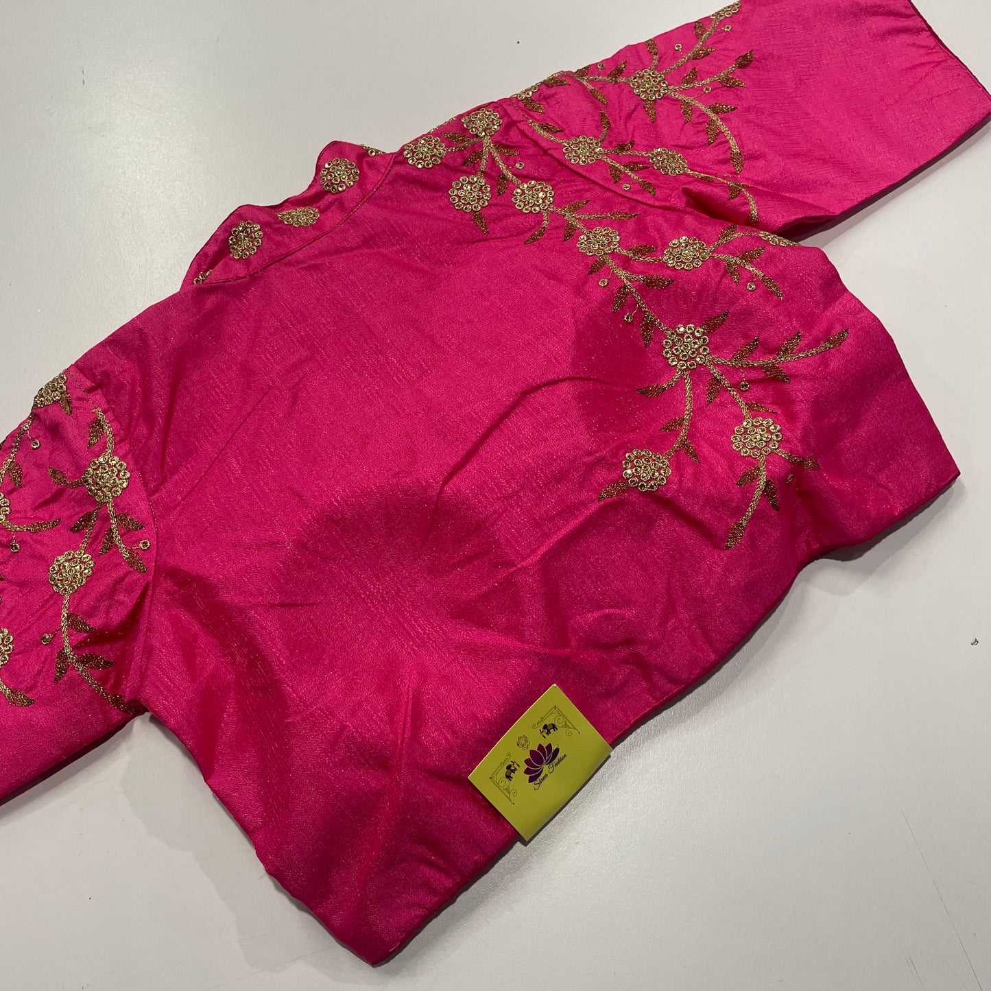 Rani Pink Collar Neck Ready-Made Blouse with Gold Embroidery – Graceful Fusion for Sarees & Festive Wear