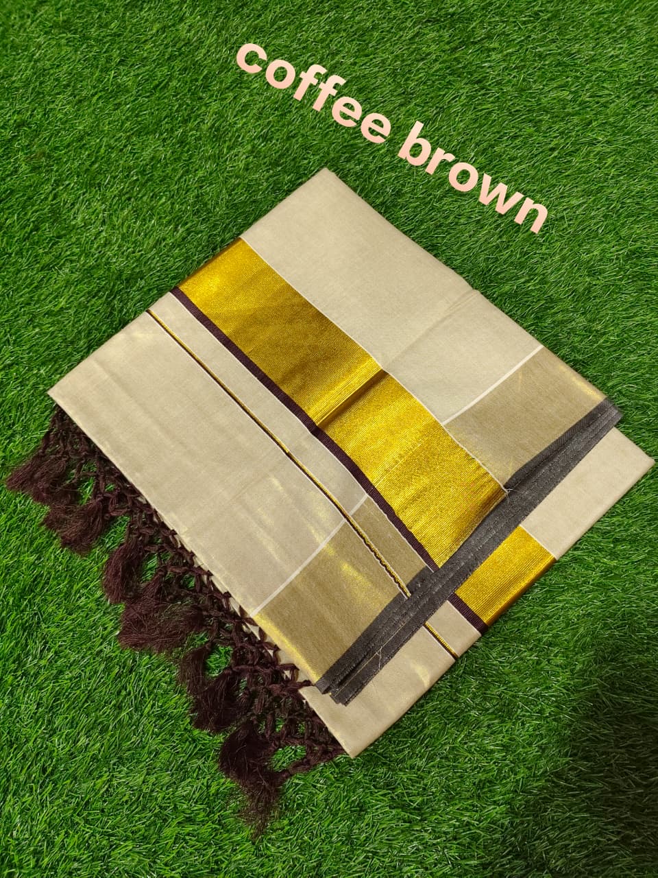 Kerala Kasavu tissue silk saree with coffee brown border and tassels – view 4