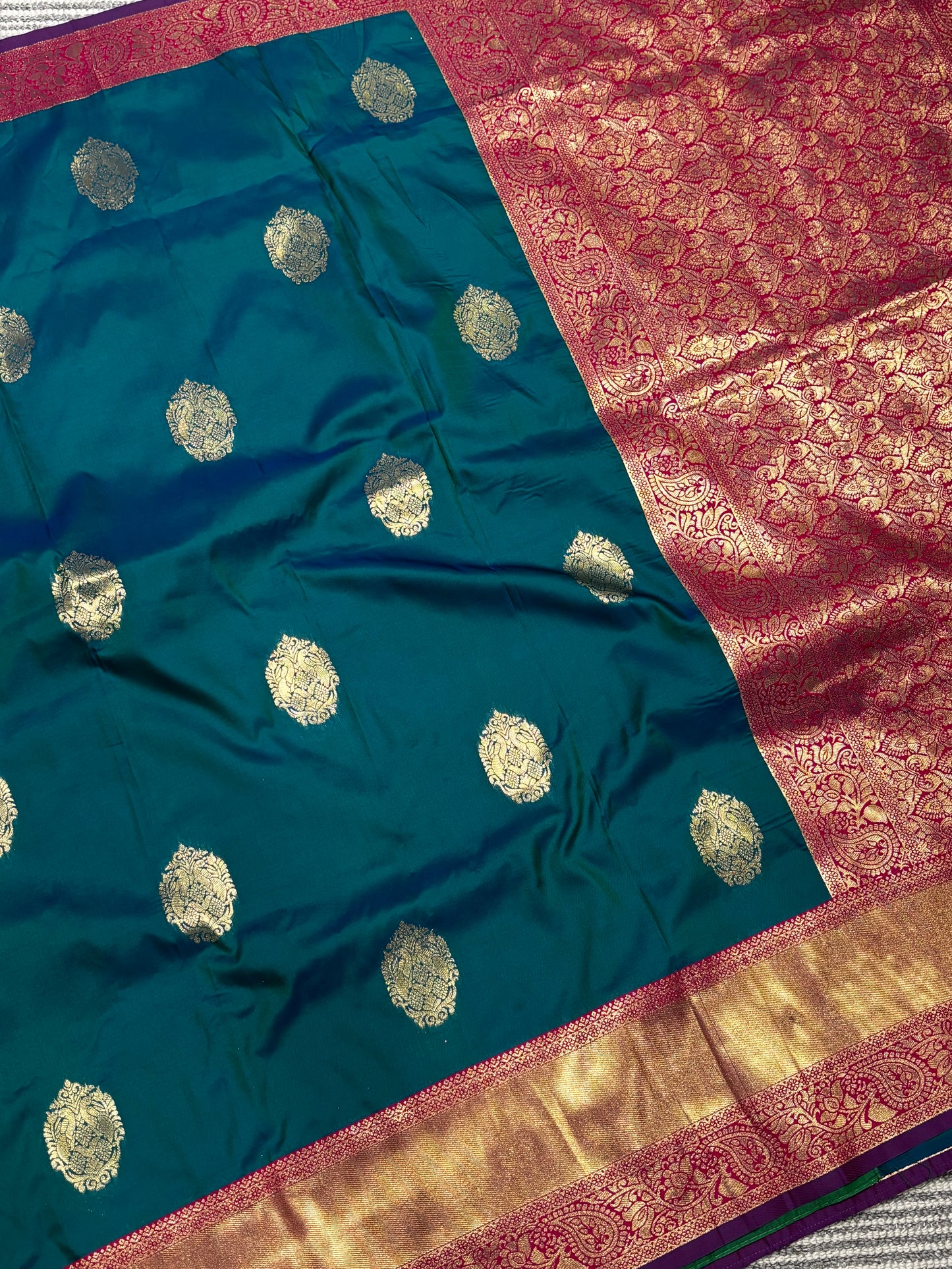 Elegant Semi Kanchipuram Silk Saree in Teal Blue & Pink Contrast