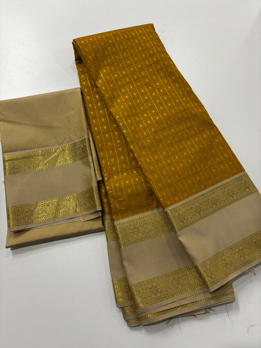 Elegant Semi Kanchipuram Saree – Mustard Body & Beige Gold Border