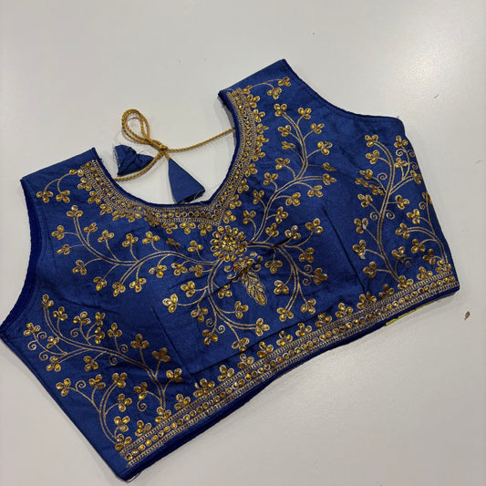Royal Blue Readymade Blouse with Gold Embroidery & Attached Sleeve Fabric  Regal Elegance for Sarees