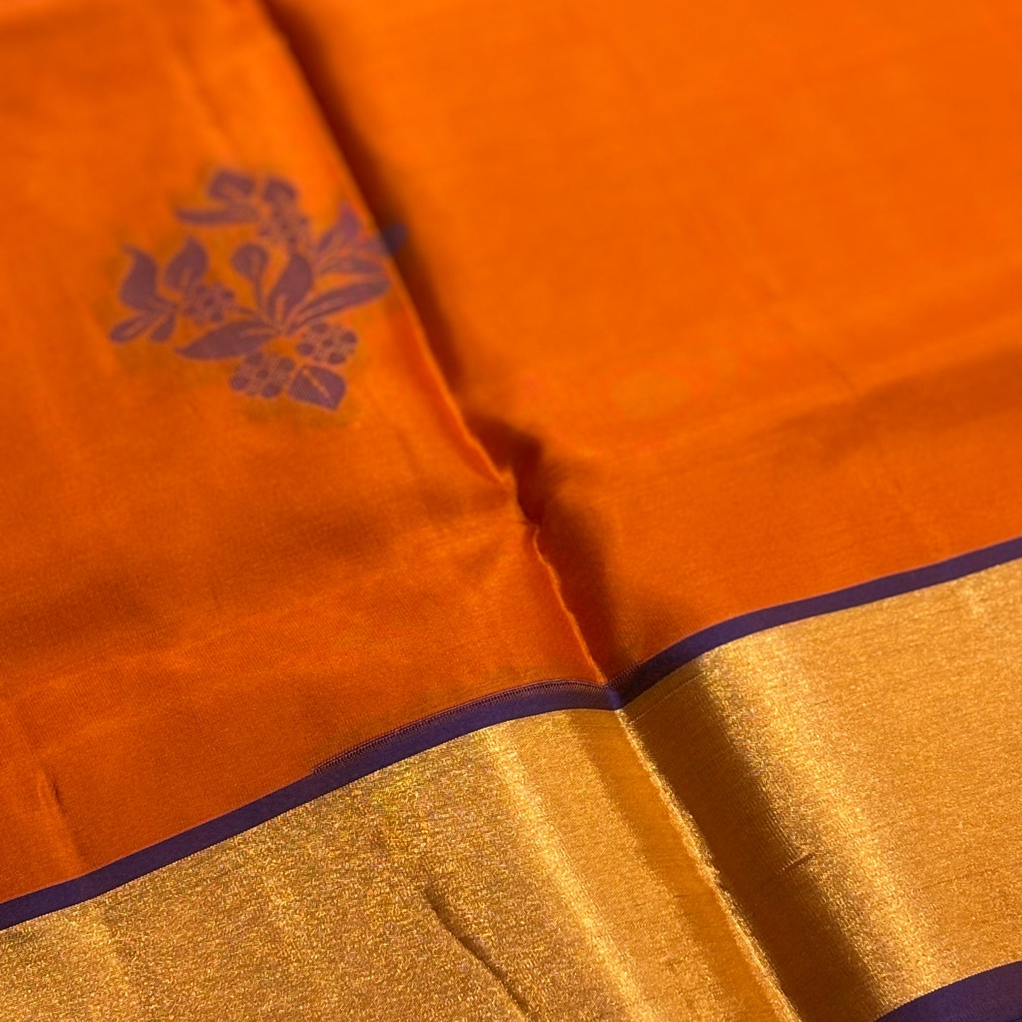 Pure Kanchipuram Silk Saree – Burnt Orange with Vibrant Blue Contrast