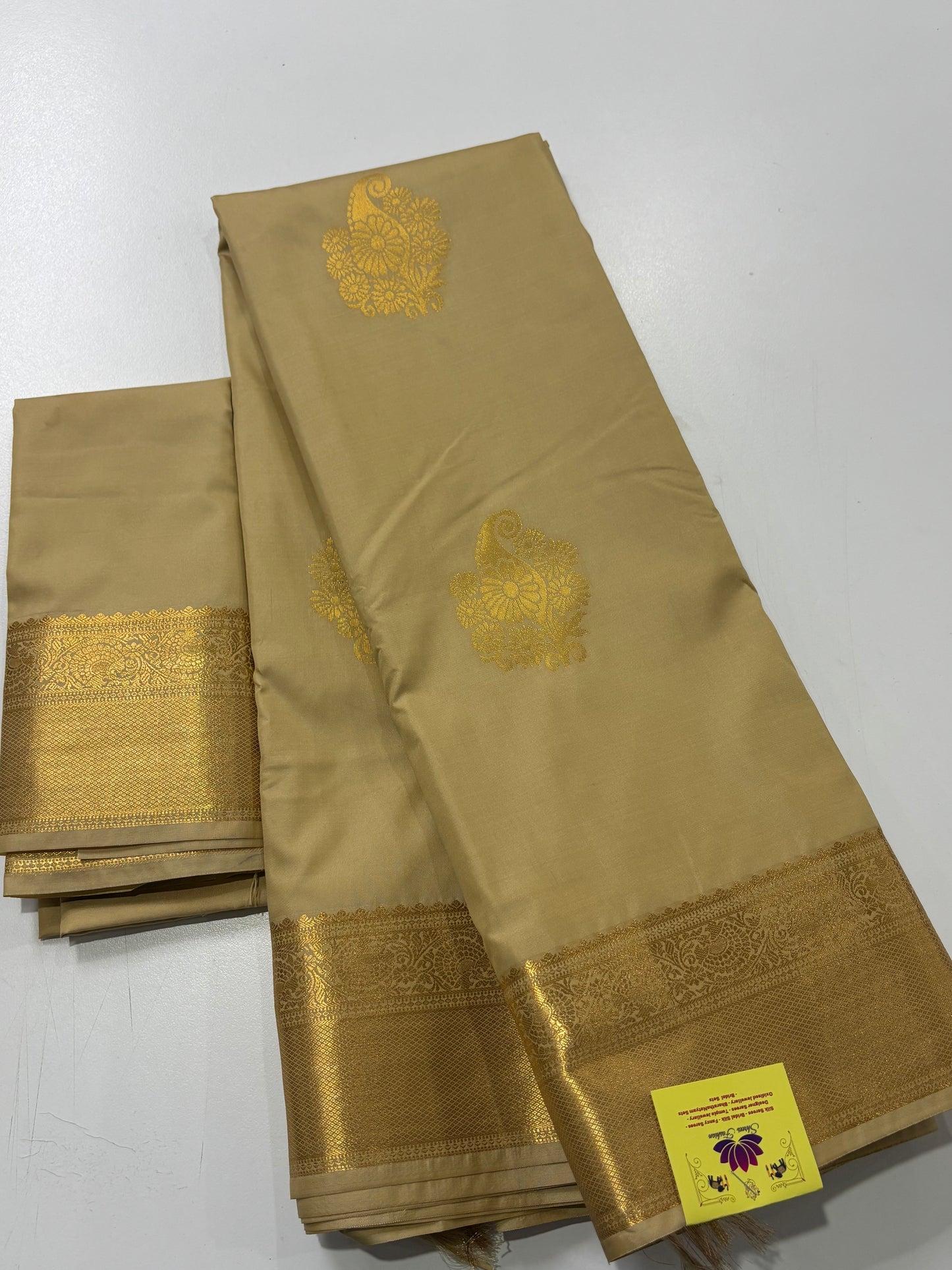 Elegant Beige Semi Silk Saree with Traditional Mango Butta