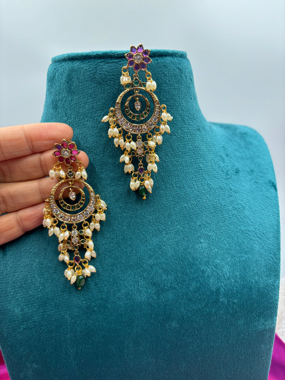 Elegant Gold Spiral Chandbali Earrings with Pearls & Purple Floral Tops