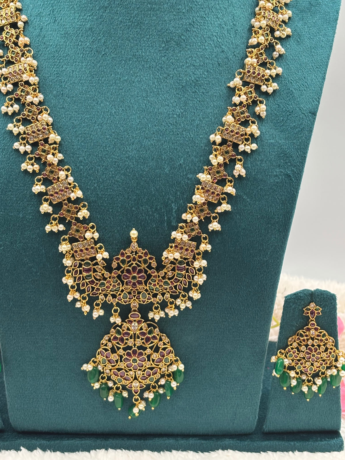 Premium Kemp Stone Long Haram Set with Green Beads & Matching Earrings