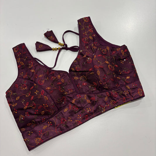 Wine Readymade Blouse with Gold Embroidery & Attached Sleeve Fabric