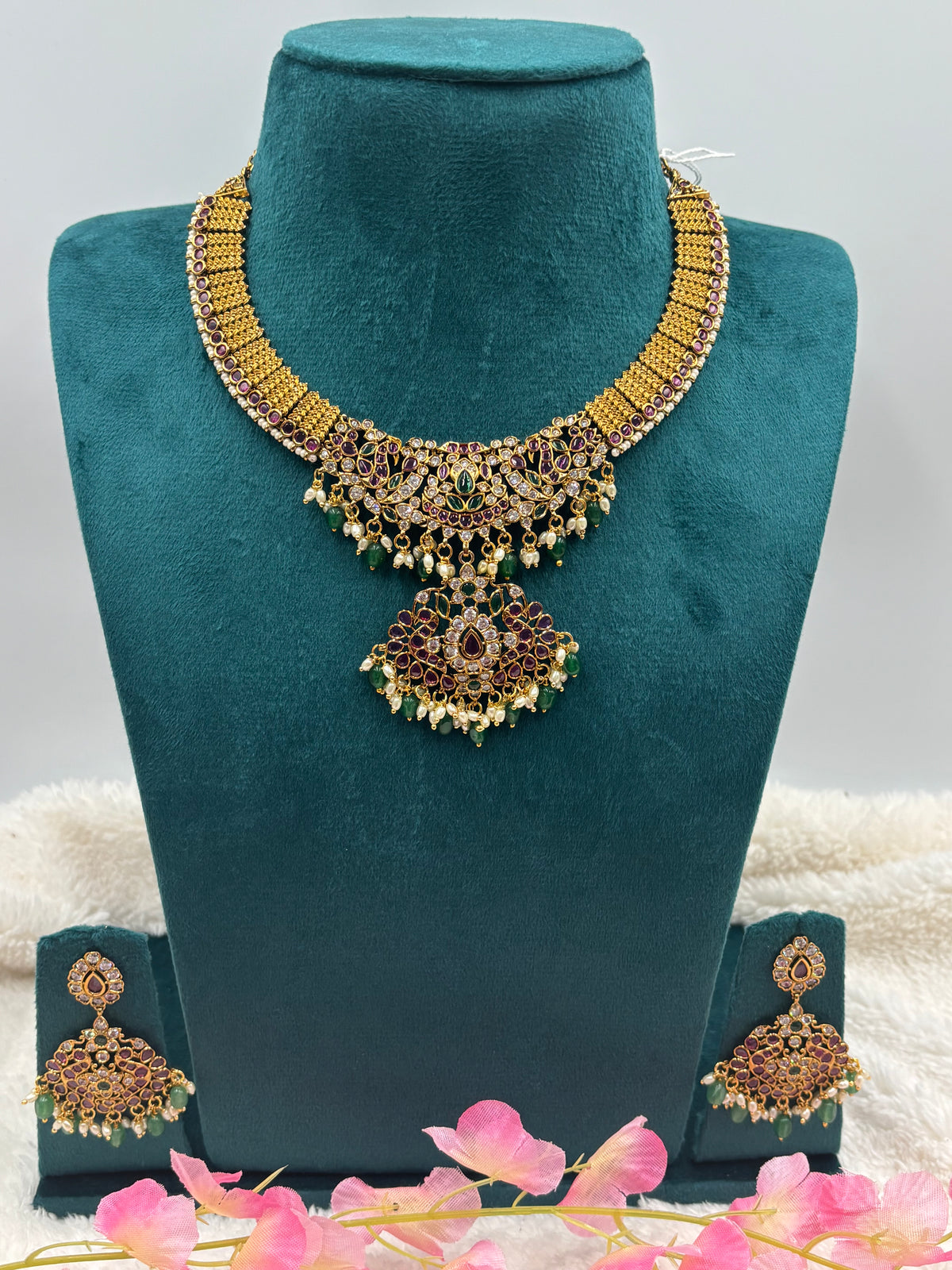 Elegant Kemp Stone Necklace Set – Ruby, Emerald & Pearl Combination