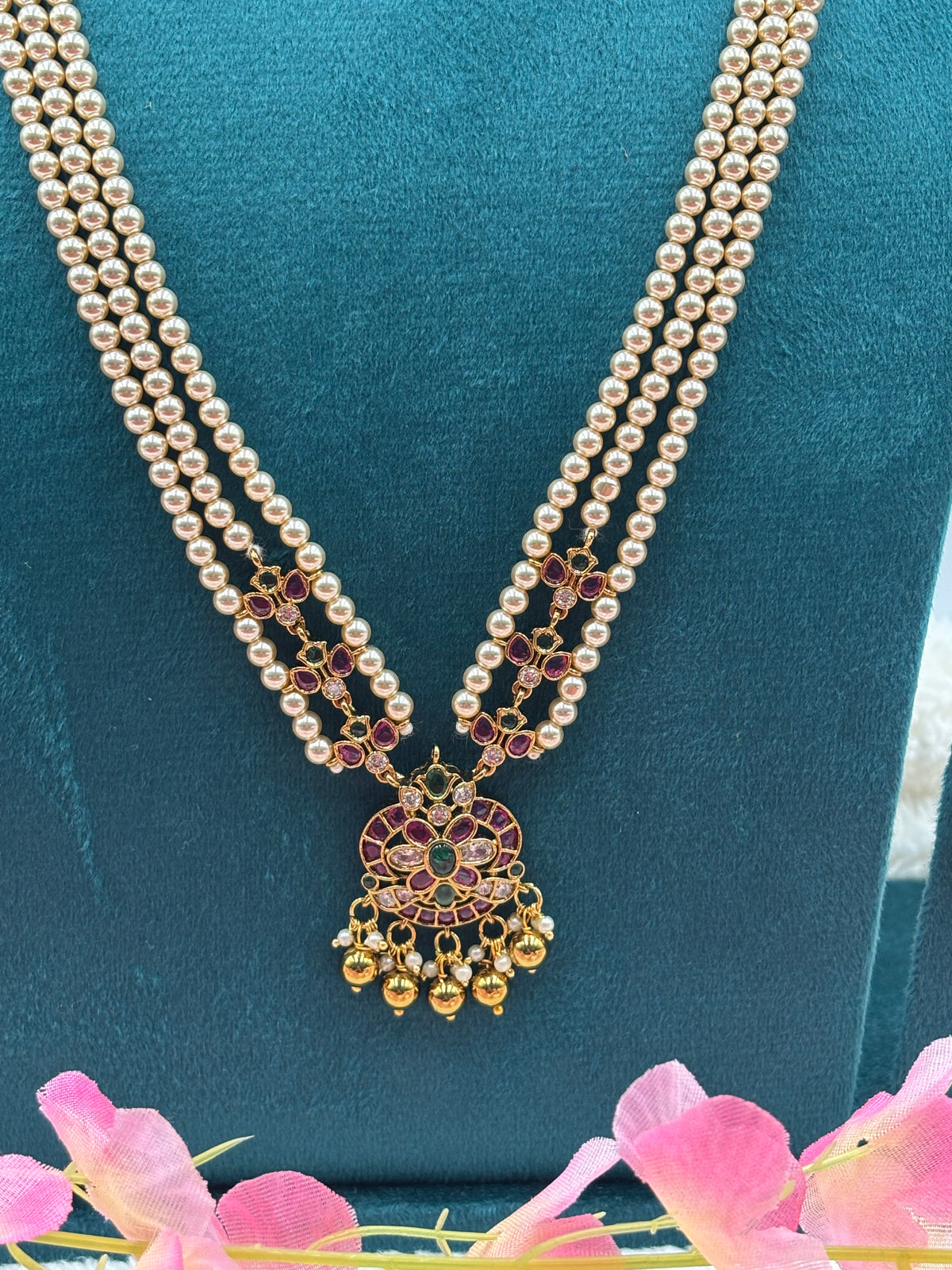 Pearl Kemp Stone Long Haram Set with Floral Pendant & Matching Earrings – Antique Gold Finish
