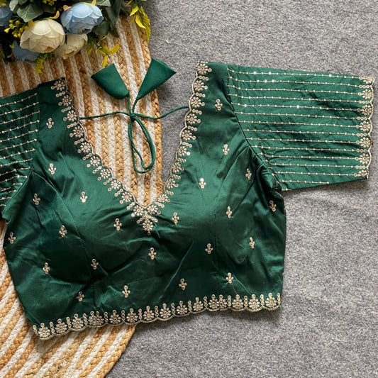 Bottle Green V-Neck Blouse with Antique Gold Embroidery