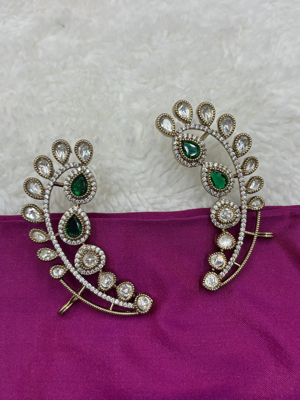 Polki Ear Cuff Studs with Emerald‑Green & Clear Stones – Gold Finish