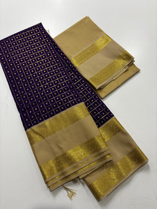 Elegant Semi Kanchipuram Saree – Royal Blue Body & Beige Gold Border