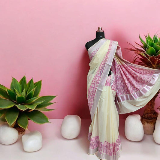 Tissue Silk Kerala Kasavu Saree with Silver Zari & Pink Checks – Traditional & Stylish | Shrees Fashion