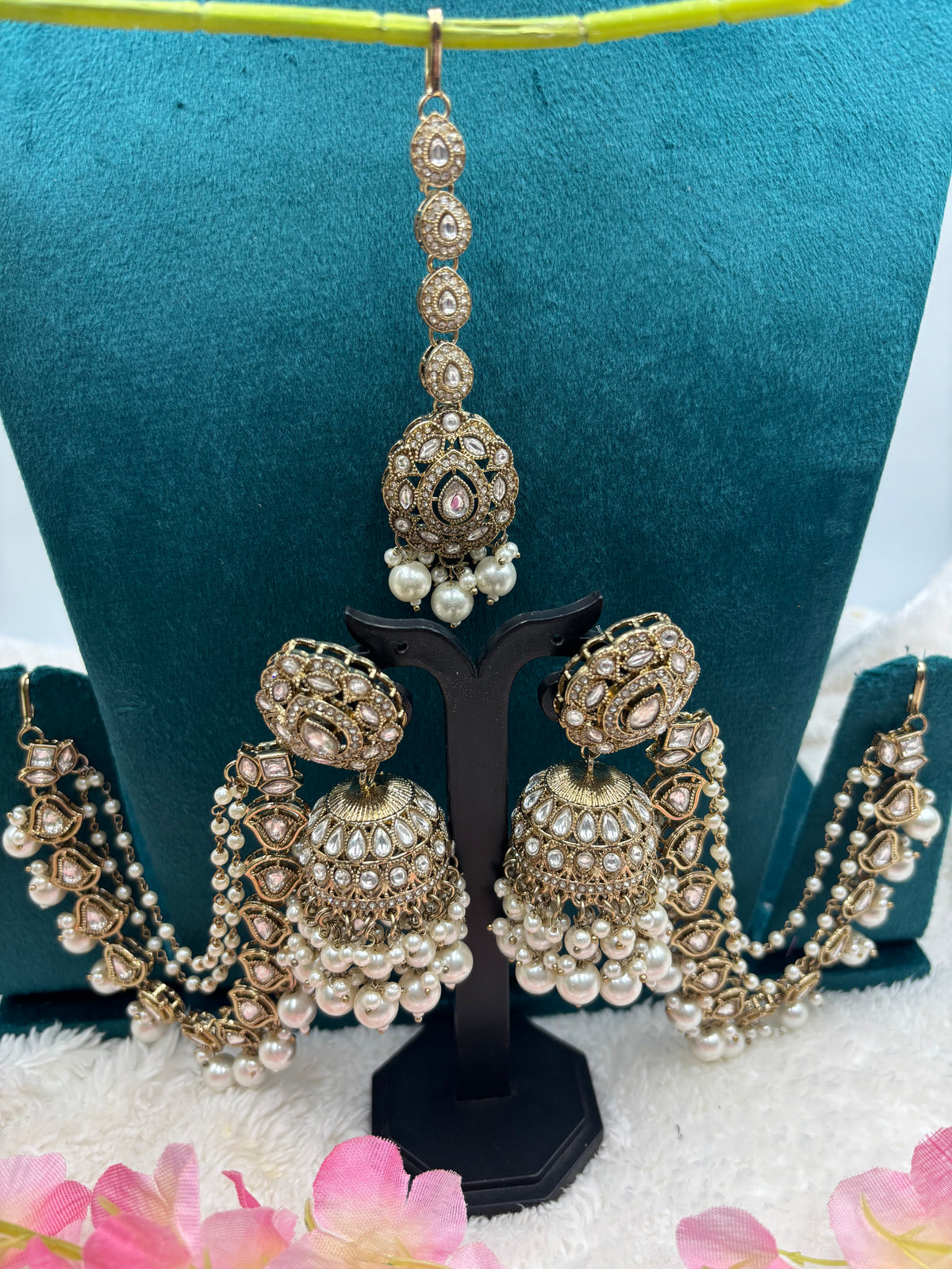 Beautiful Polki Dome Jhumka Set with Pearl Drops and Matching Tikka