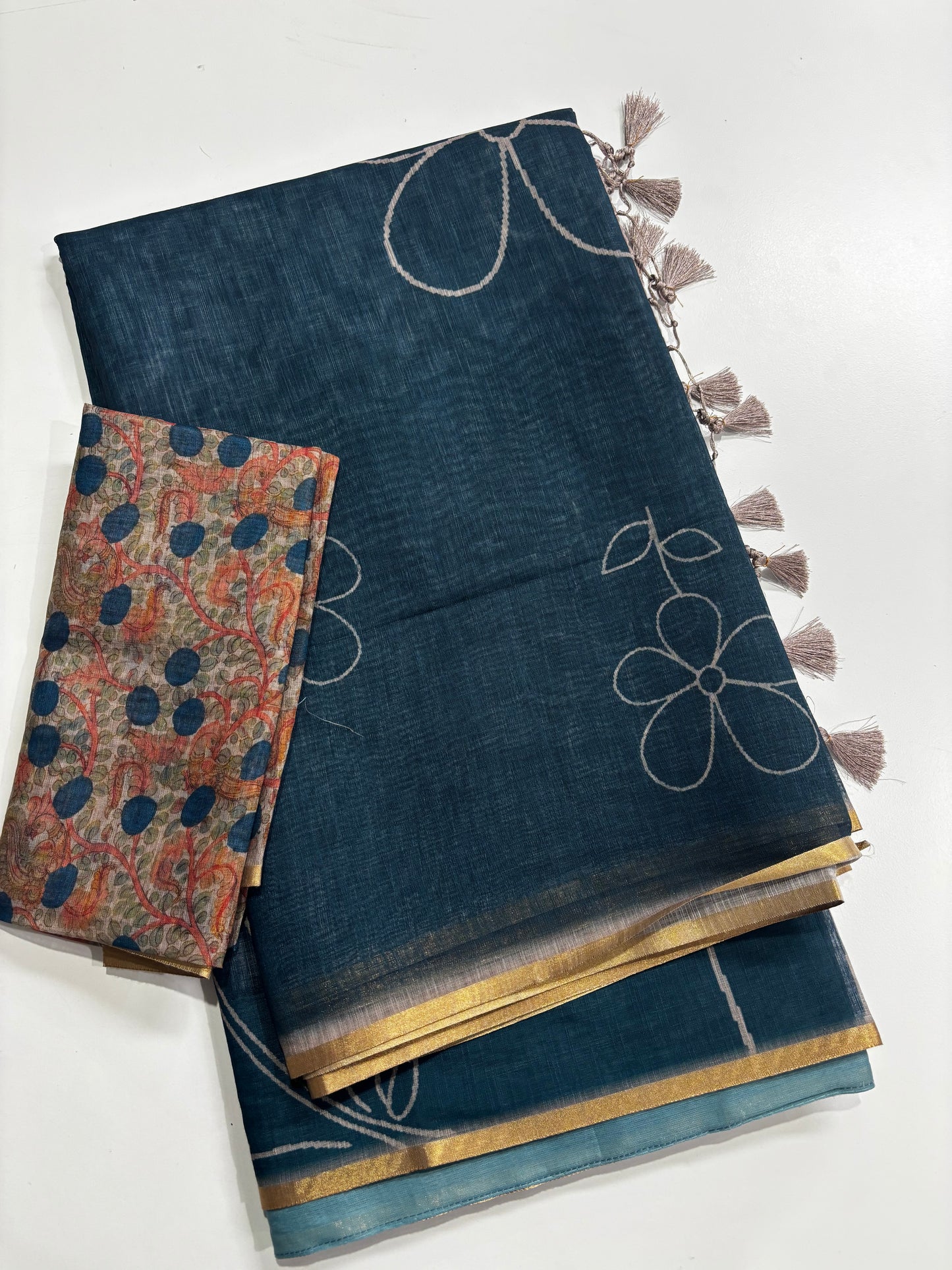 Elegantly Ink Blue Linen Cotton Saree with White Floral Print, Golden Contrast Border & Printed Blouse Piece | Shrees Fashion