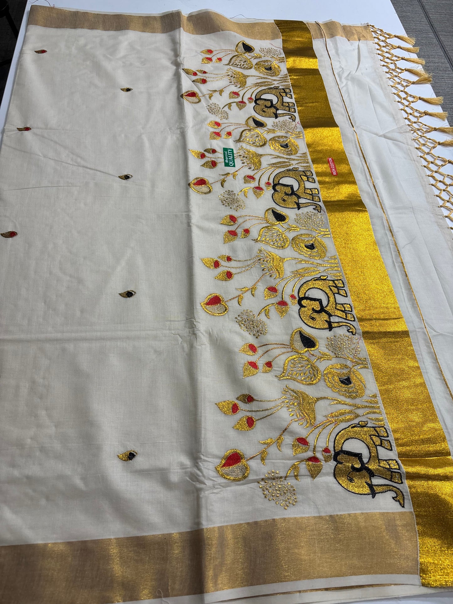 Elephant Embroidery Kerala Kasavu Saree – Traditional Cotton Saree with Golden Border | Shrees Fashion