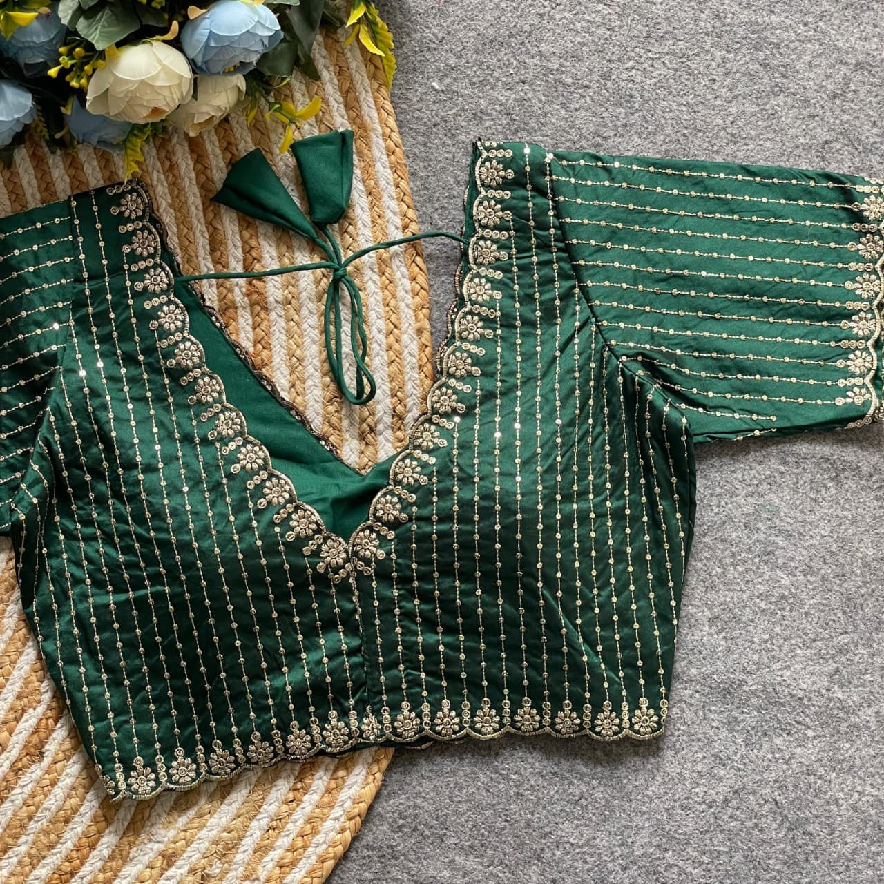 Bottle Green V-Neck Blouse with Antique Gold Embroidery