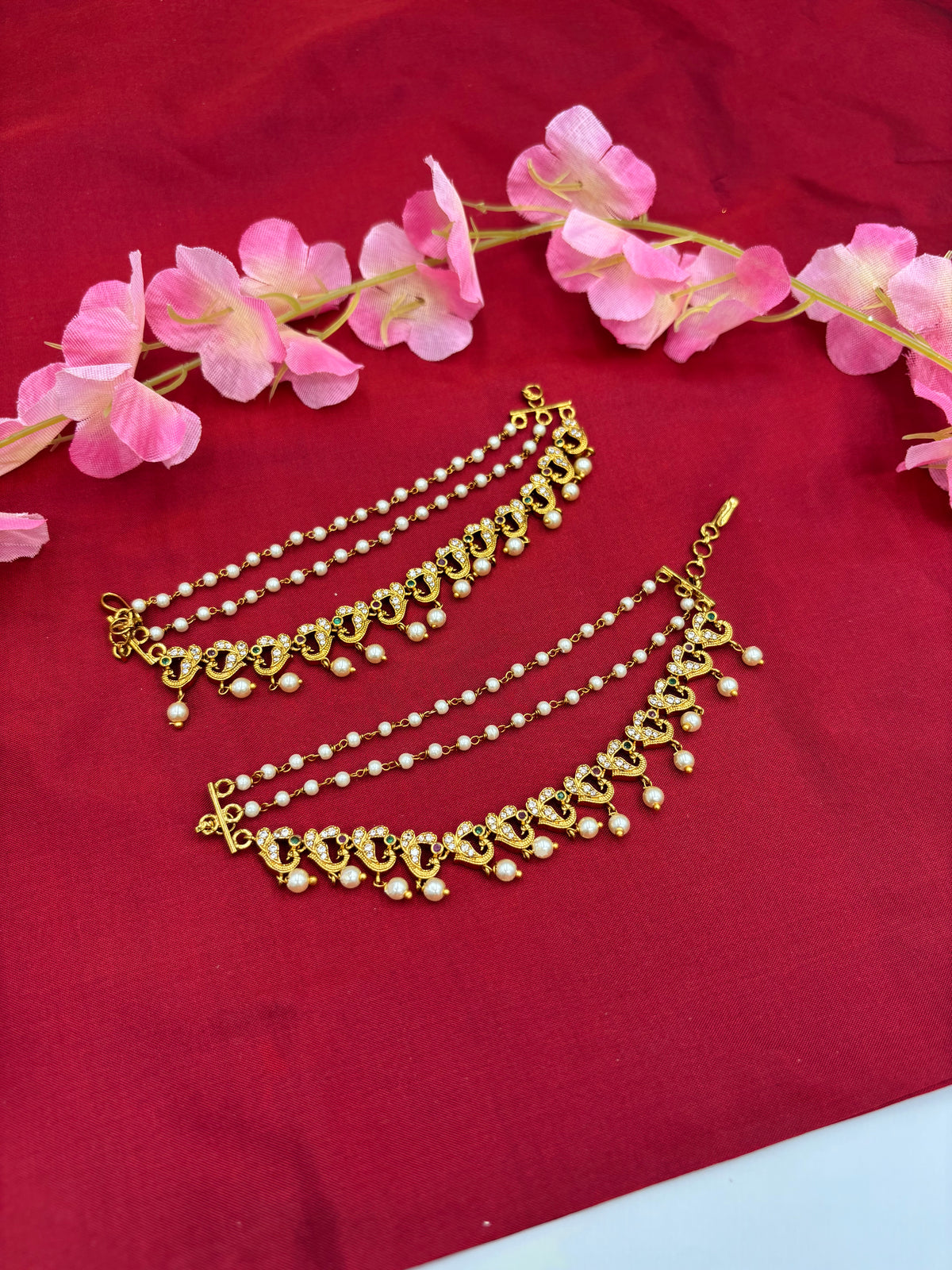 Traditional Peacock Design Ear Chain with Gold Finish & Stone Detailing
