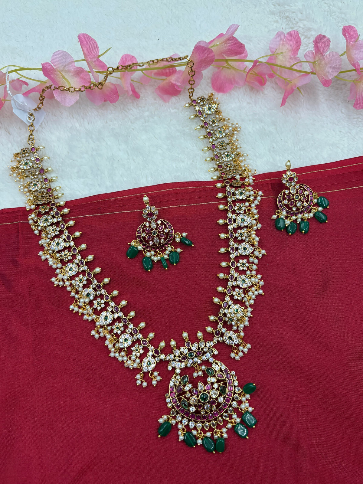 Premium Kemp Stone Long Haram Set with Chandragiri Design Pendant & Matching Earrings – Antique Gold Finish