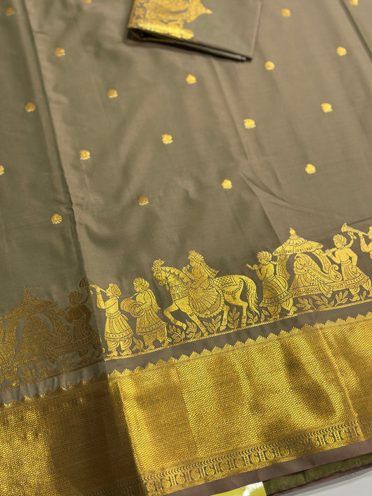 Elegant Pastel Grey Semi Silk Saree with Golden Highlights with Palki Patterns