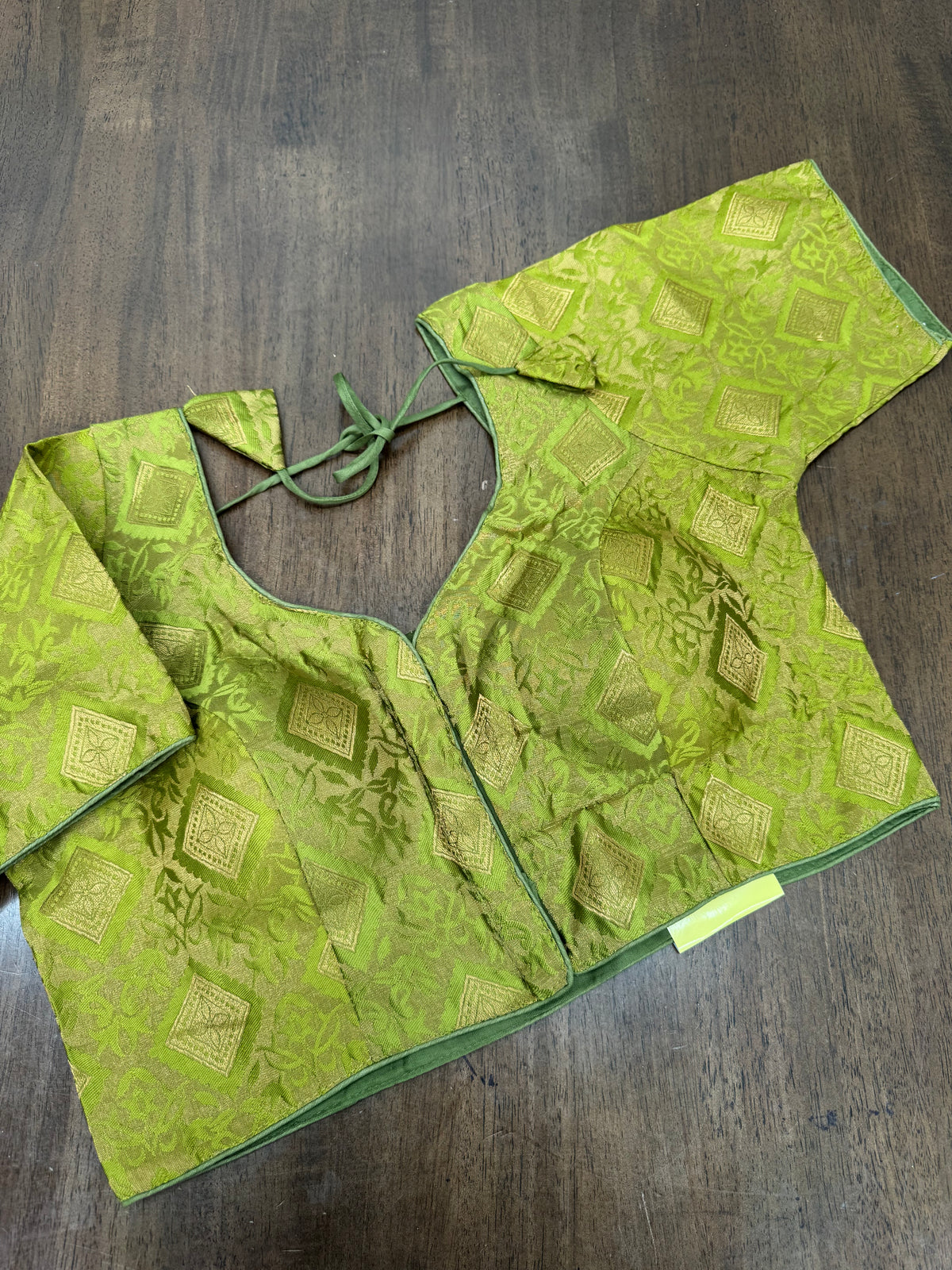 Festive Olive Green Diamond‑Design Brocade Blouse with Gold Accents
