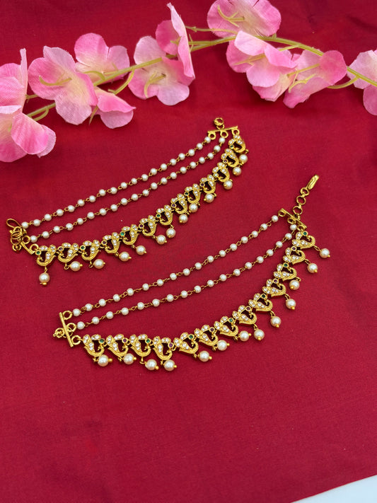 Traditional Peacock Design Ear Chain with Gold Finish & Stone Detailing