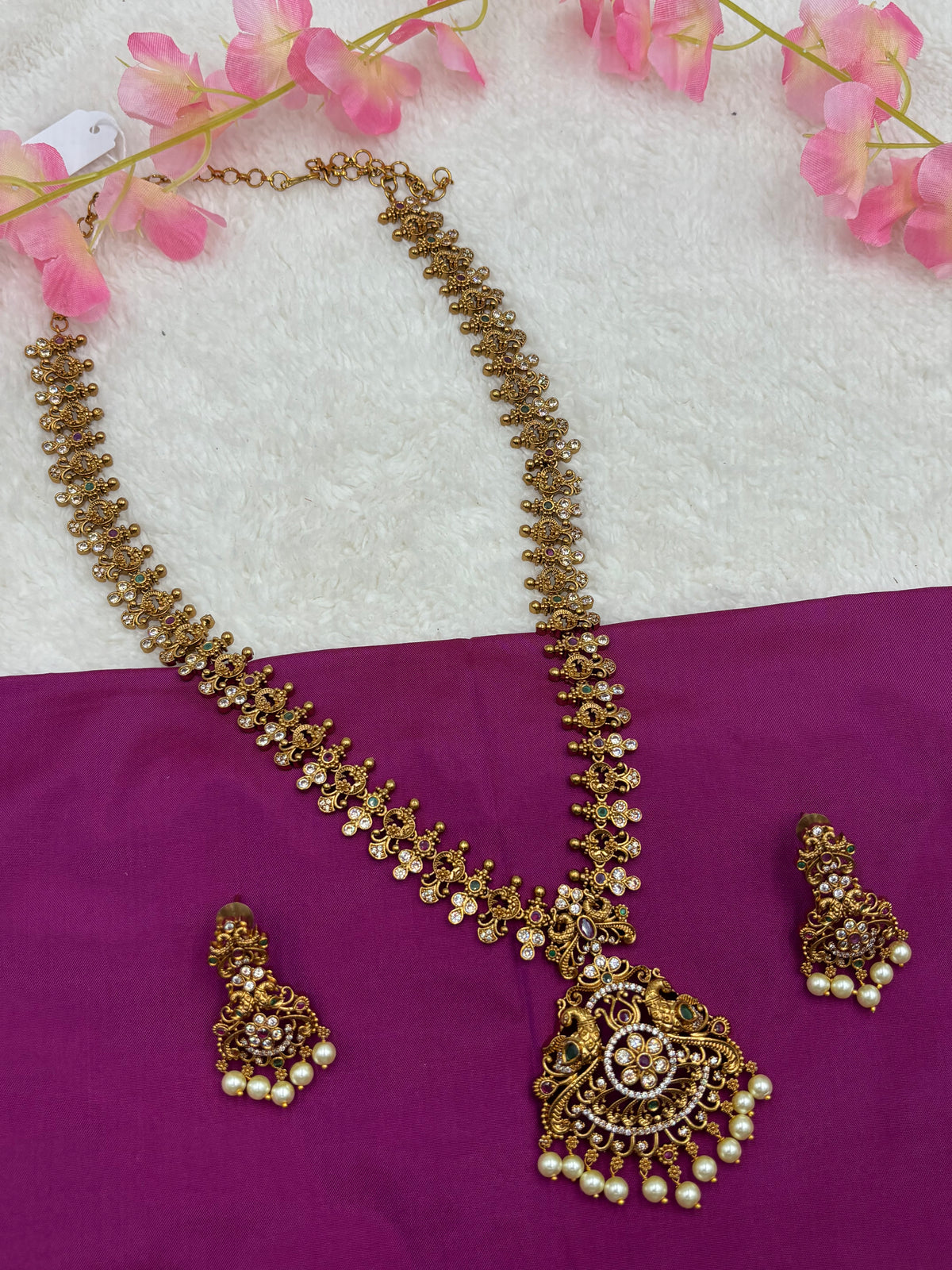Traditional Matte Gold Finish Long Temple Haram Set with Matching Earrings