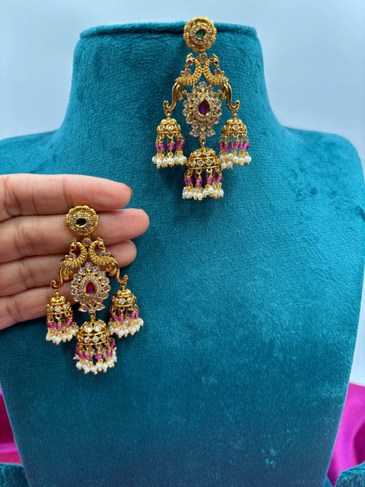 Antique Jhumka Earrings with Light Pink Stones & Pearls – Peacock Design