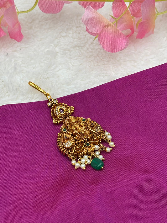 South Indian Temple Matte Gold Tikka – Lakshmi Motif & Pearl Embellishments