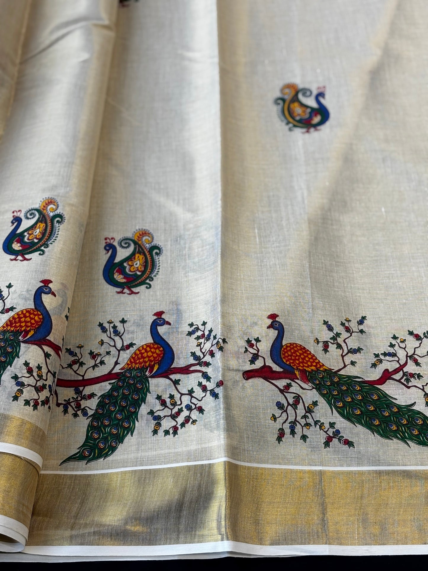 Kerala Kasavu tissue silk saree with peacock and floral tree pallu – view 4