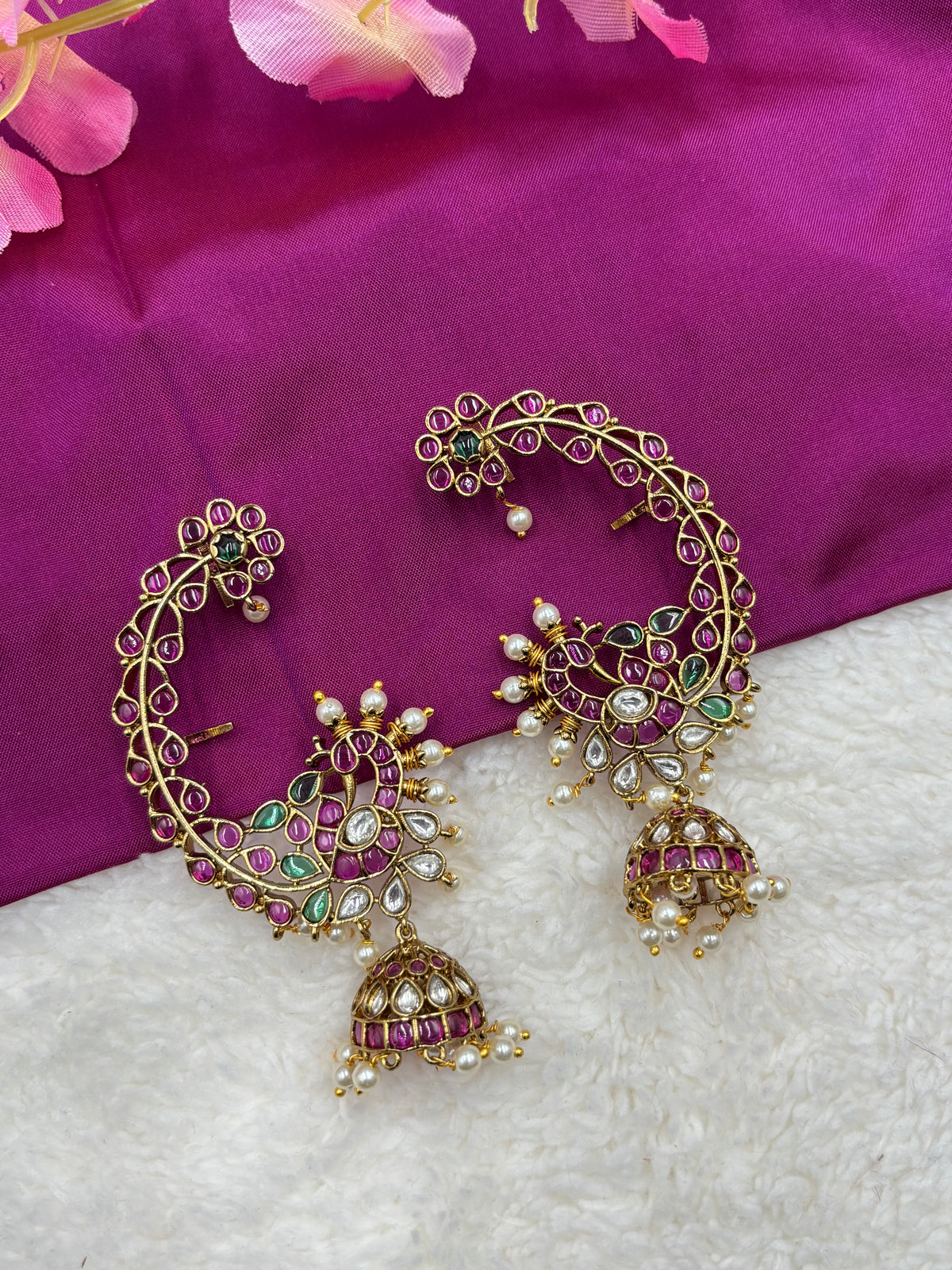 Antique Peacock‑Style Jhumka Earcuff with Ruby, Green & Pearl Detailing