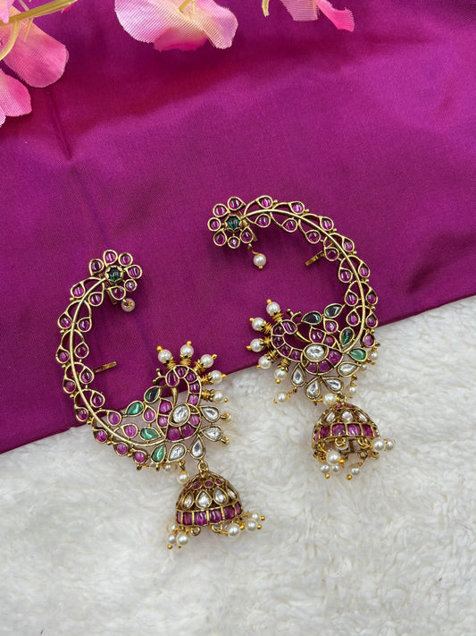 Antique Peacock‑Style Jhumka Earcuff with Ruby, Green & Pearl Detailing