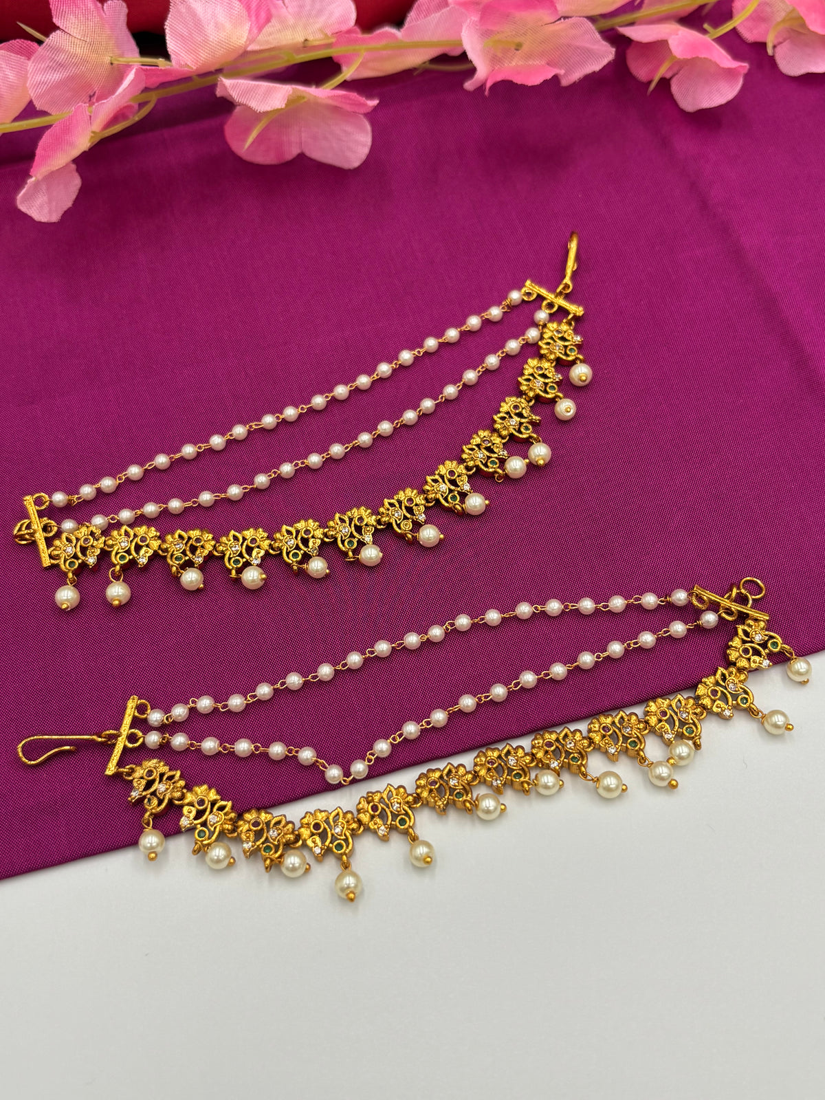 Premium Gold Ear Chain with Floral Motifs & Pearls