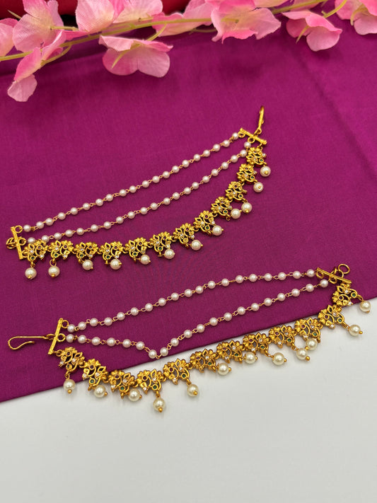 Premium Gold Ear Chain with Floral Motifs & Pearls