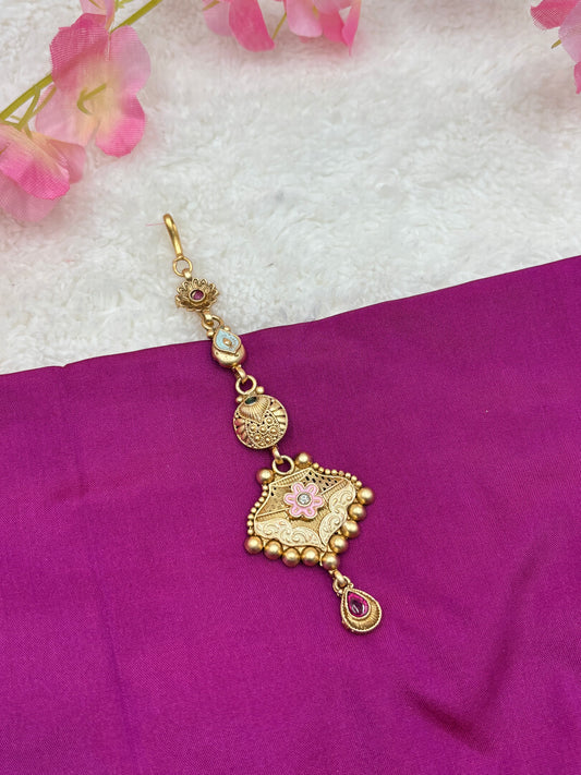 Antique Matte Gold Tikka – Floral Design with Beaded Detailing