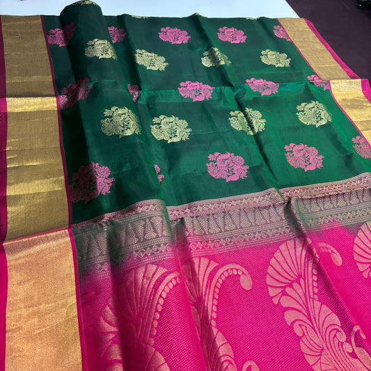 Heritage Elegance – Pure Kanchipuram Saree in Bottle Green with Magenta Zari