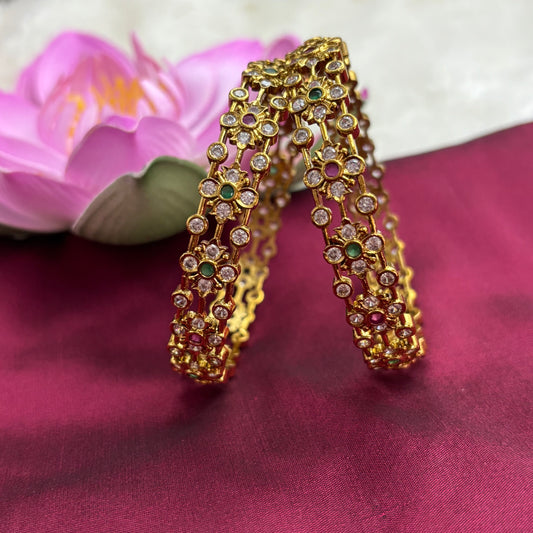 Matte Gold Finish CZ Stone Bangles – Green & Pink Accents