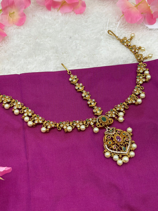Antique Matte Gold Tikka – Three‑Layer Design with Pink & Green Stones