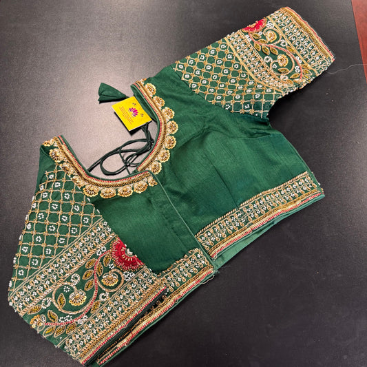 Emerald green heavy embroidered designer readymade saree blouse - Shrees Fashion Australia (view 1)
