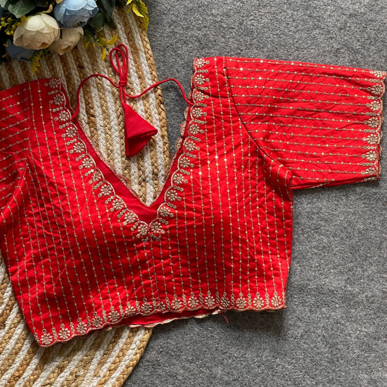 Red V-Neck Blouse with Gold Embroidery