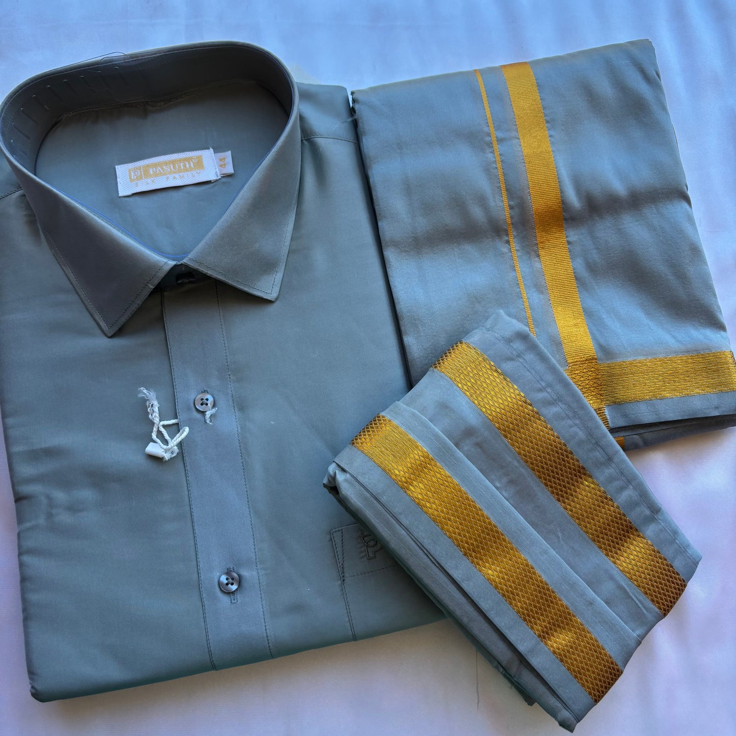 South Indian Pastel Grey Silk Vesti Shirt Set – Festive Collection